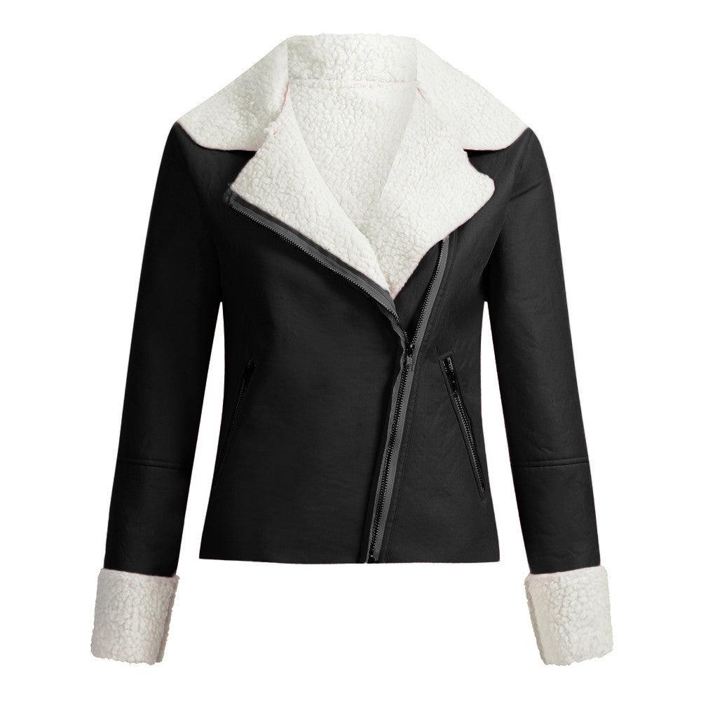 Lapel fur biker jacket - Trendha