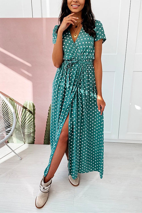 Margovil V Neck Tie Waist Polka Dot Maxi Wrapped Dress