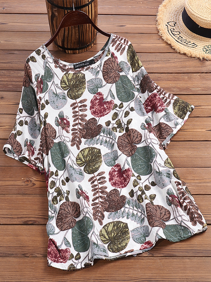 Women Plant Leaf Print round Neck Casual Relaxed Half Sleeve Blouses dylinoshop