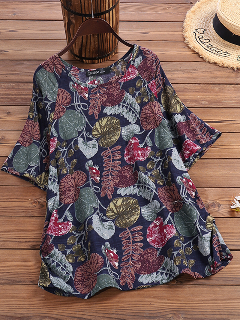 Women Plant Leaf Print round Neck Casual Relaxed Half Sleeve Blouses dylinoshop