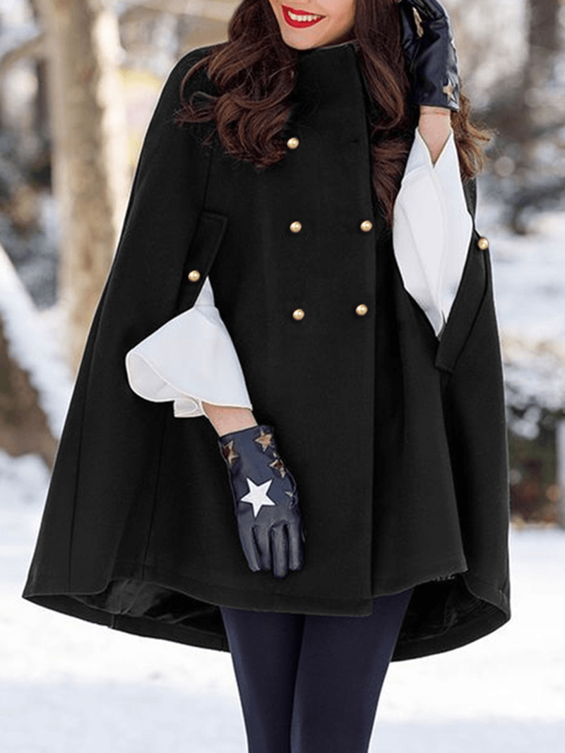 Women Solid Color Pleats Double Breasted Cloak Decorative Button Turn-Down-Collar Casual Coats - MRSLM