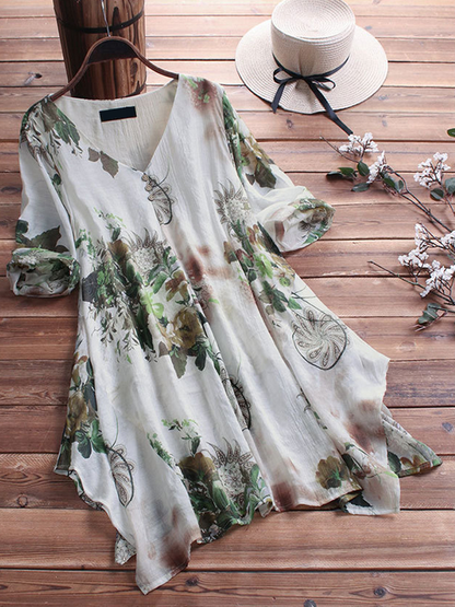 Women Floral Printed Loose Asymmetric Hem Blouse dylinoshop