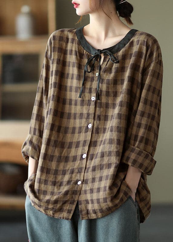 DIY Coffee Plaid Button tie Fall Shirt Long sleeve GK-LTP211019