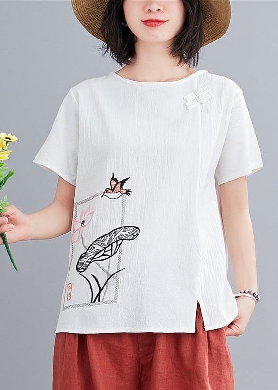 Fitted  White Embroideried Lotus Blouse Tops Summer Cotton Linen - SooLinen