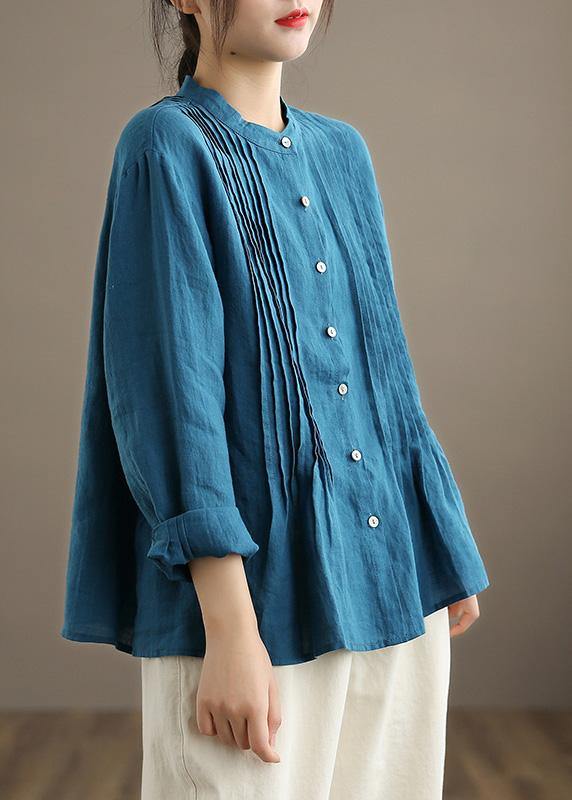 French Blue Blouse Stand Collar Cinched Art Spring Top - SooLinen