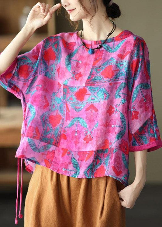 Rose Print Side Open Drawstring Print Summer Ramie Blouses GK-HTP210721