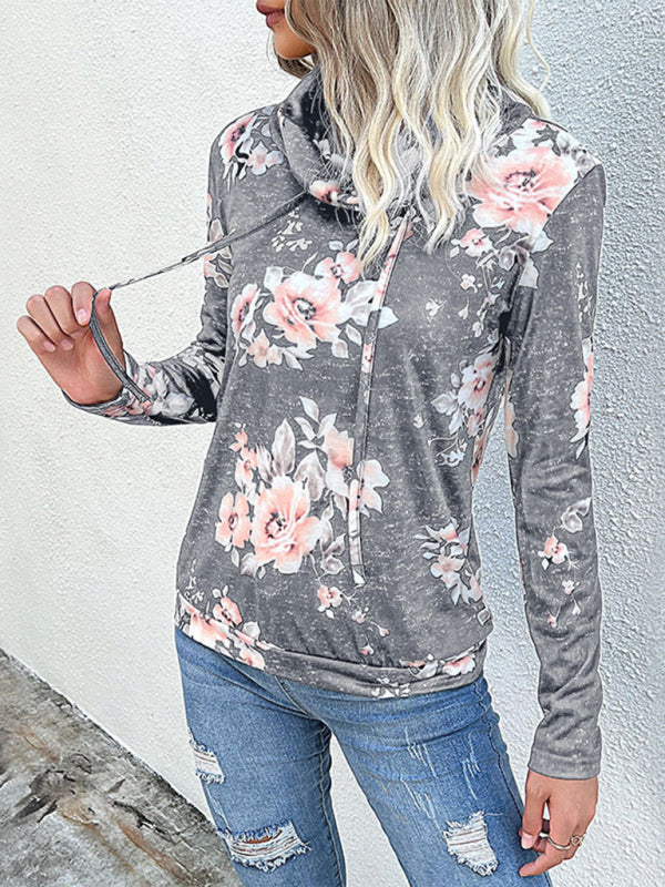 Sweatshirts- Floral Cowl Neck Sweatshirt - Adjustable Drawstring, Long Sleeve Top- - Pekosa Women Clothing