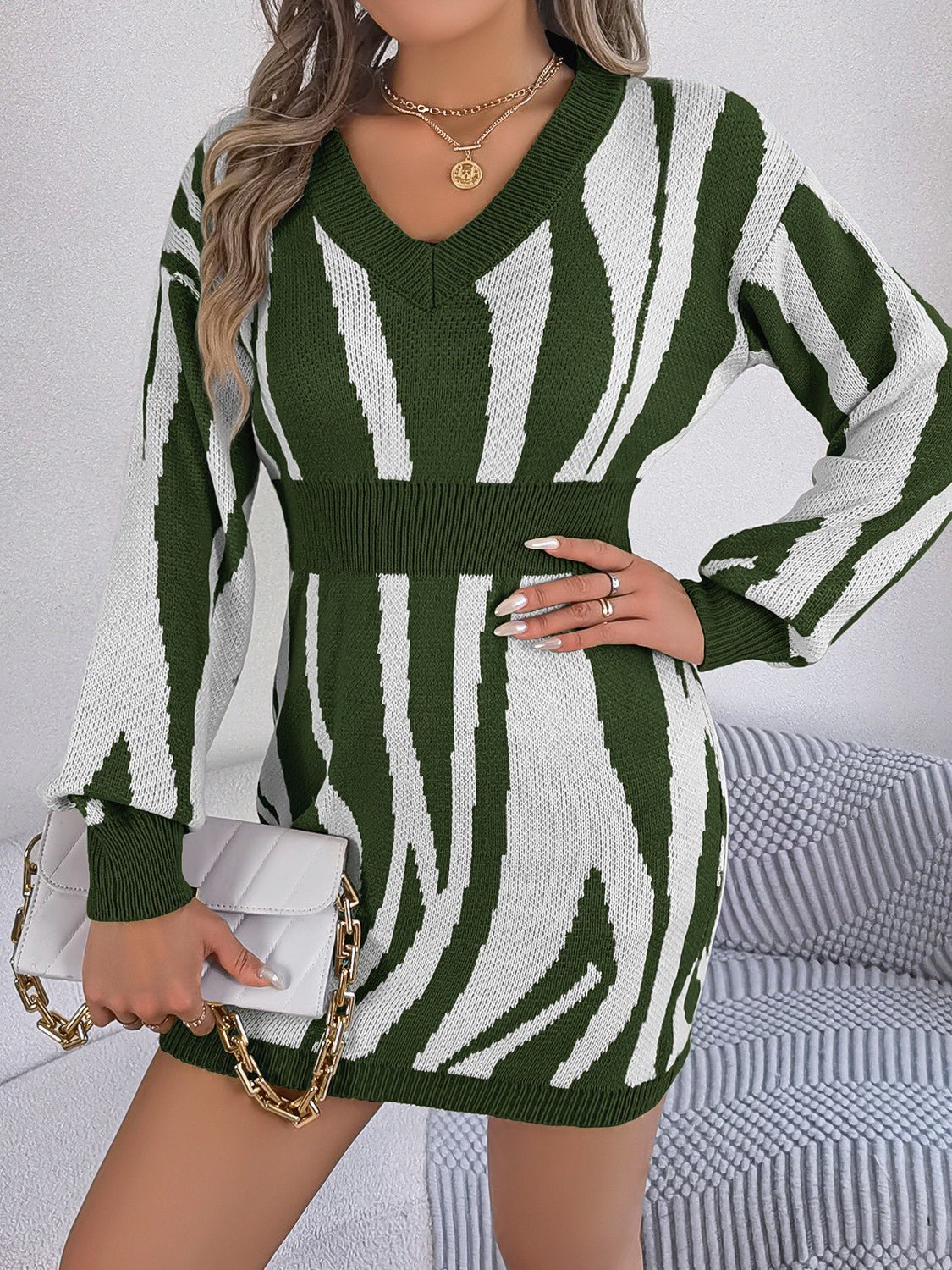 Animal Print V - Neck Long Sleeve Sweater Dress - Admiresty