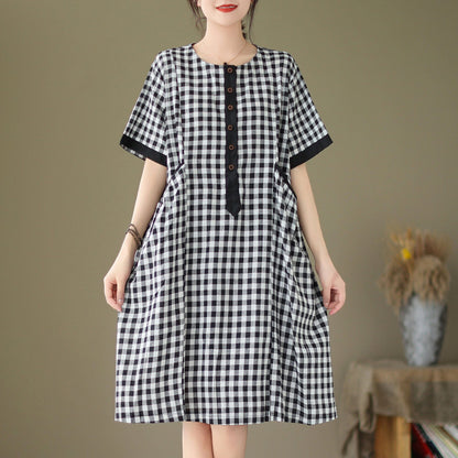 Summer Casual Loose Cotton Linen Plaid Dress