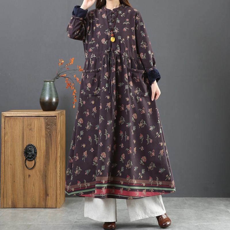 Winter Thick Plush Floral Retro Cotton Linen Dress