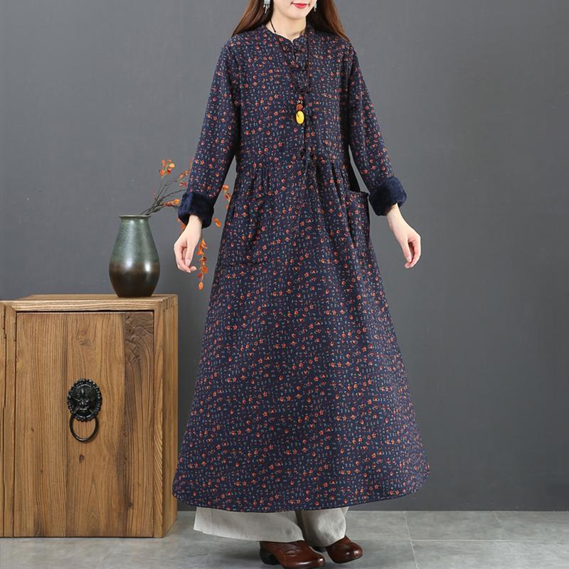 Winter Thick Plush Floral Retro Cotton Linen Dress