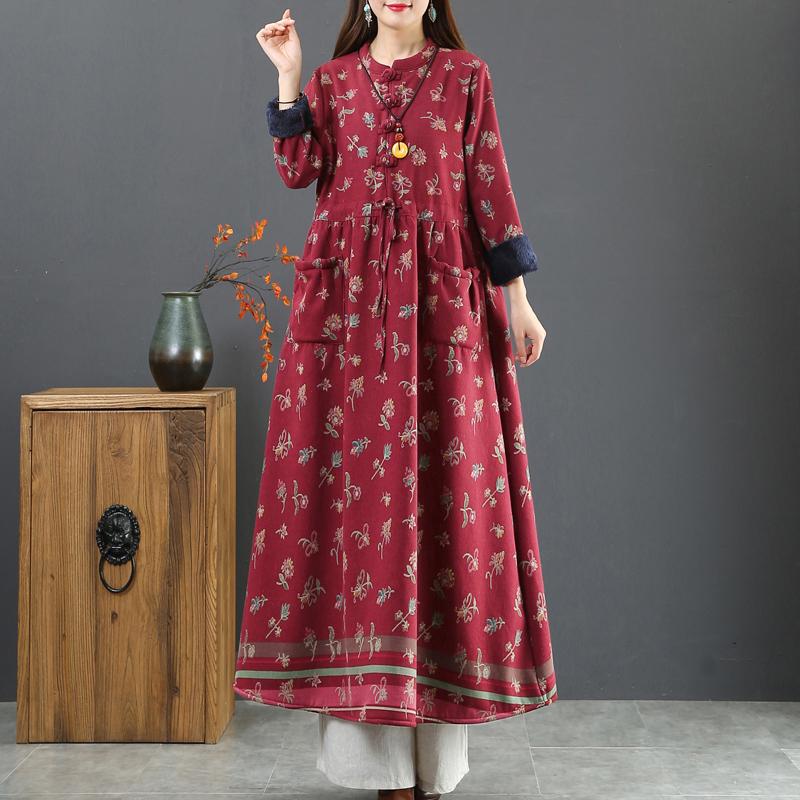 Winter Thick Plush Floral Retro Cotton Linen Dress