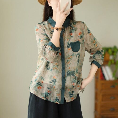 Women Autumn Retro Print Loose Casual Blouse