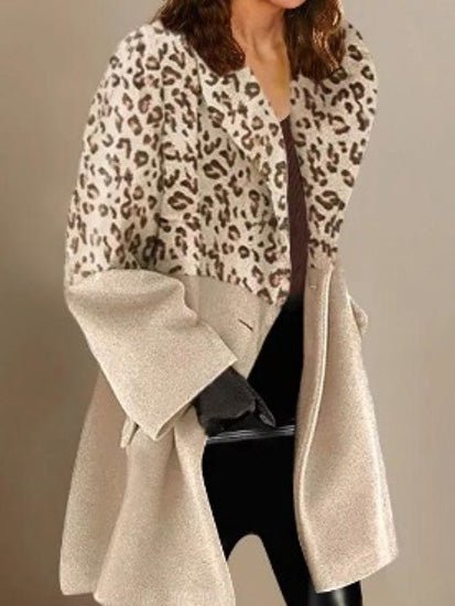 Women's Coats Leopard Panel Lapel Long Sleeve Coat - MsDressly