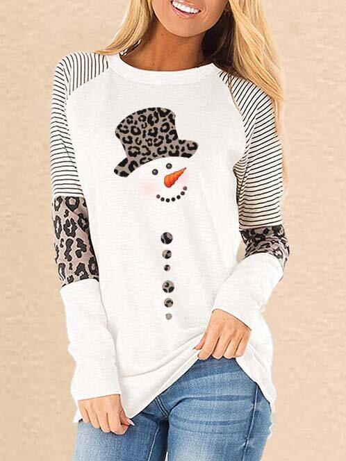 Women's T-Shirts Leopard Snowman Print Round Neck Long Sleeve T-Shirt - T-Shirts - INS | Online Fashion Free Shipping Clothing, Dresses, Tops, Shoes - 10-20 - 16/11/2021 - color-blue